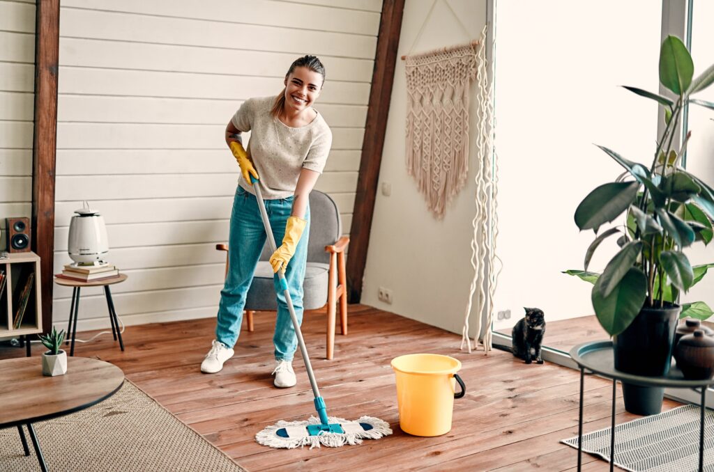 Woman doing house cleaning.